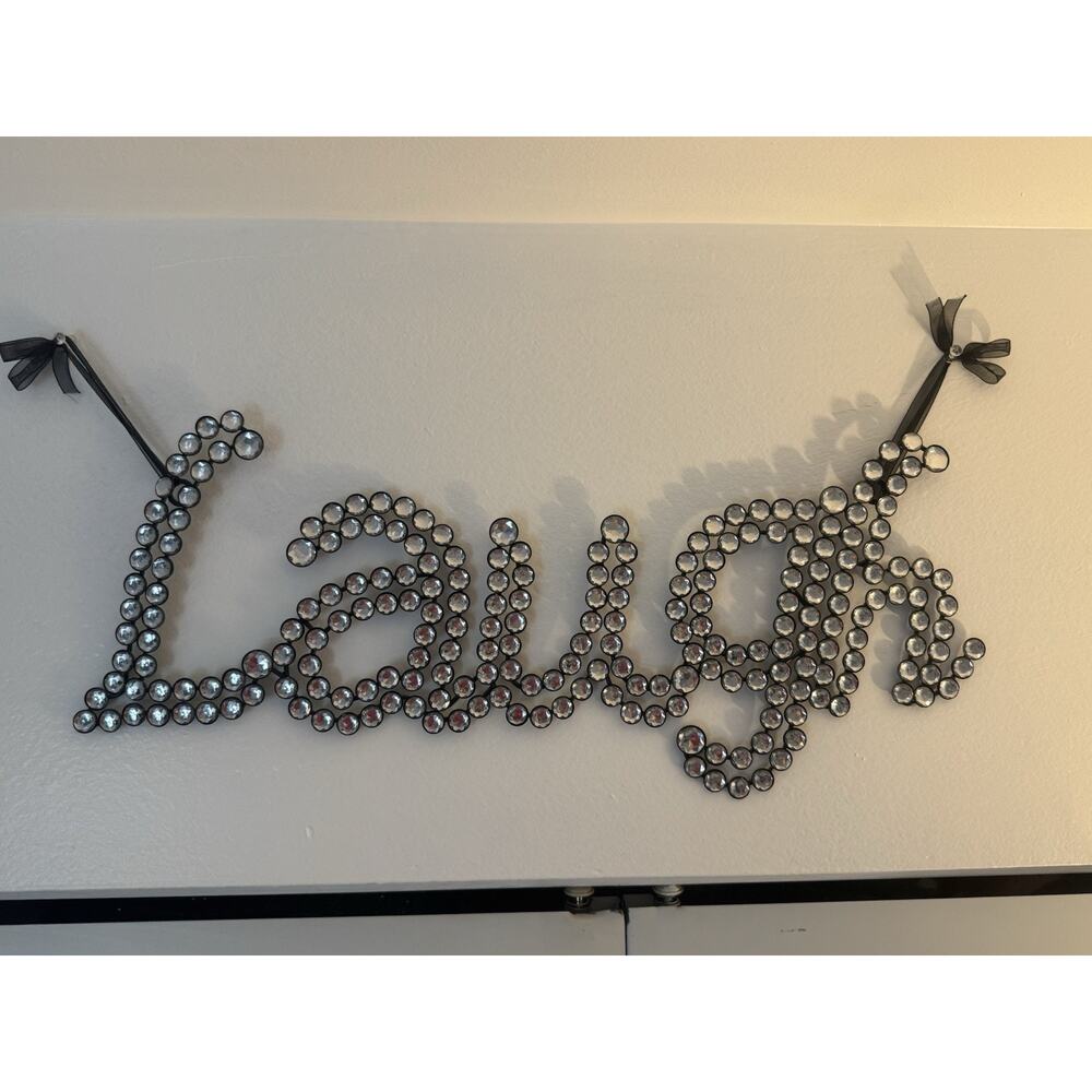 Laugh Script Word Wall Art Home Decor Sign Rhinestone Black Ribbon Glam